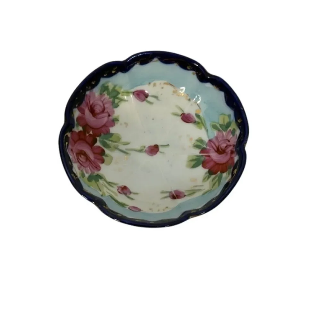 2 Trinket Dishes Blue Floral (1 Dish Footed) Japan